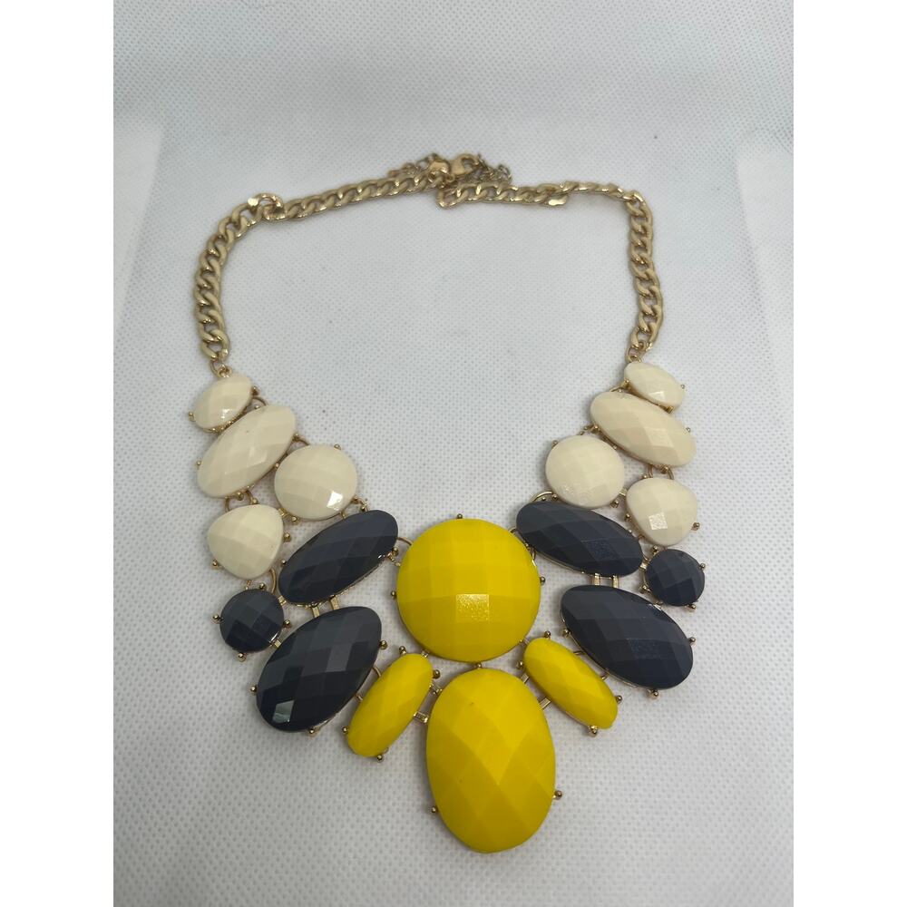 Charming Charlie Yellow Gray & Ivory Statement Bib Necklace Gold Tone